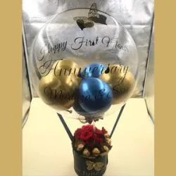 Golden and blue anniversary balloon baskets from Same Day Flowers.